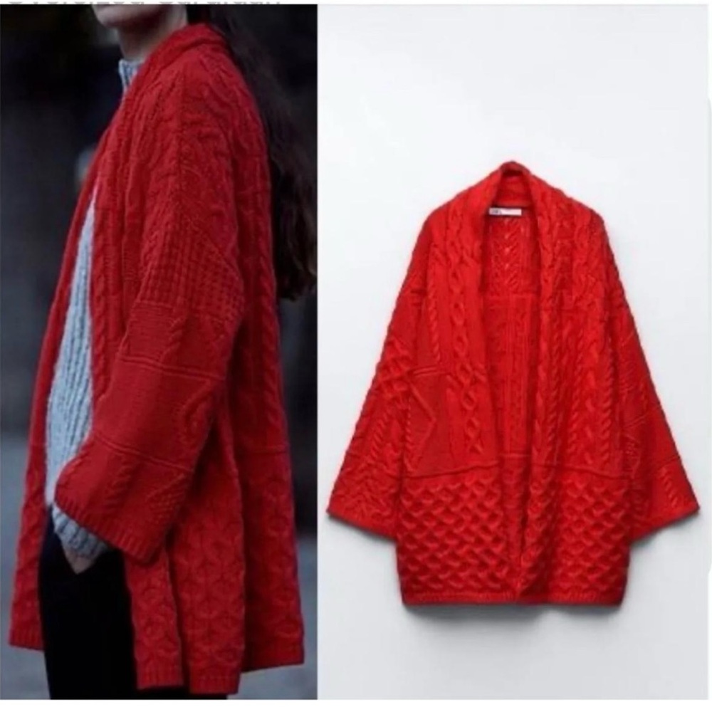 Zara Red Textured Open-Front Cardigan